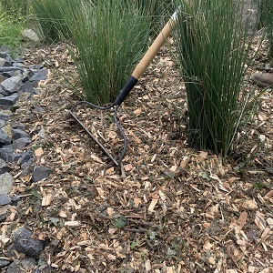 Arborist mulch being raked into a bioretention cell.