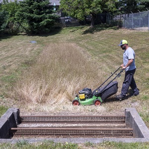 mowing a swale widthwise 