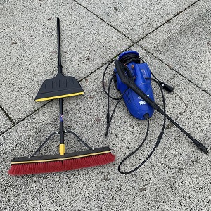 permeable pavement tools including push broom, dust pan and pressure washer