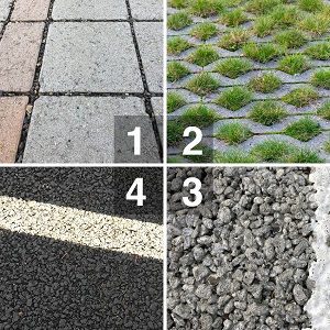 Four types of permeable pavements in clockwise order: permeable pavers, grass pavers, pervious concrete and porous asphalt.