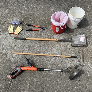 sediment trap tools include shovel, rake, buckets, weed eater, pruners and PPE