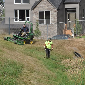 People maintaining vegetation in a stormwater pond with a mower and weed eater.