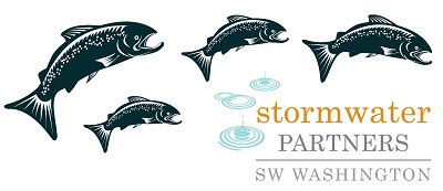 Stormwater Partners logo with salmon jumping. 