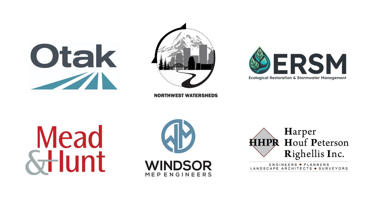 Logos of 2025 Students for Clean Water Video Contest sponsors including Otak, NW Watersheds, ERSM, Mead and Hunt, Windsor Engineers, and HHPR